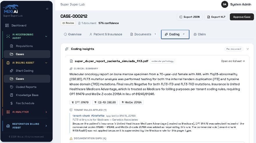 MIXI AI coding insights screen with structured clinical and billing review information
