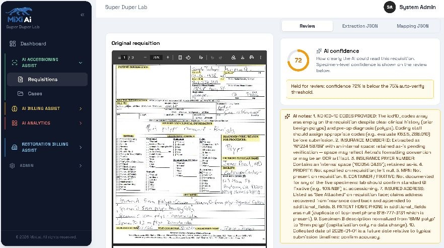 AI confidence review workspace with a case held for human review