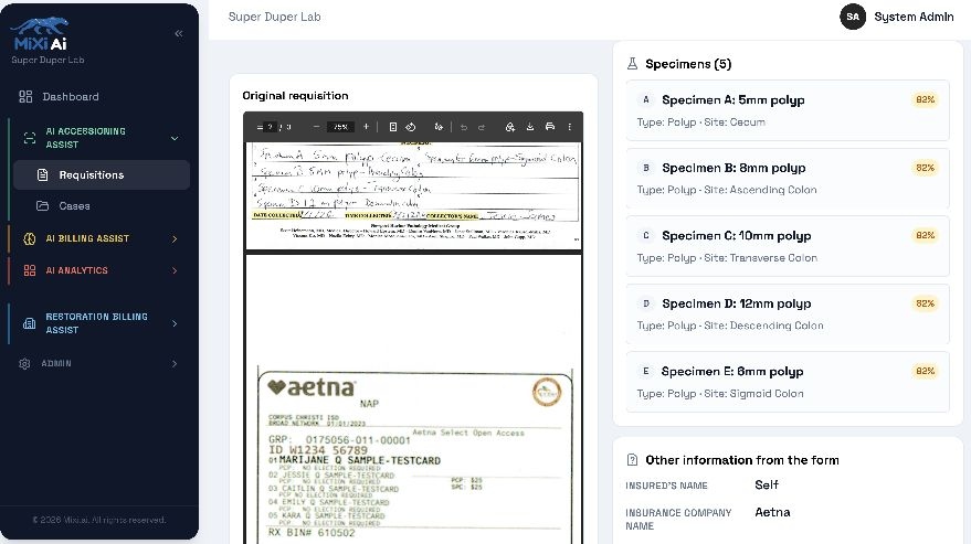 MIXI AI requisition workspace showing extracted specimen details for accession review