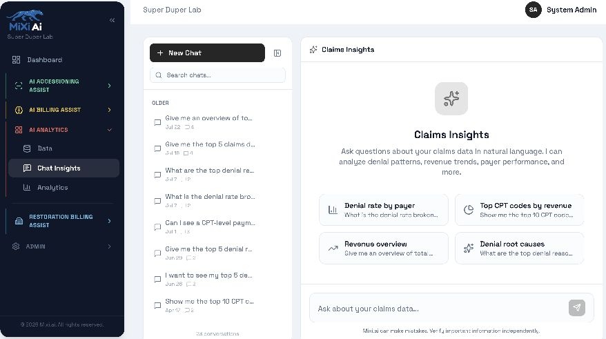 MIXI AI Claims Insights workspace with guided questions for billing teams